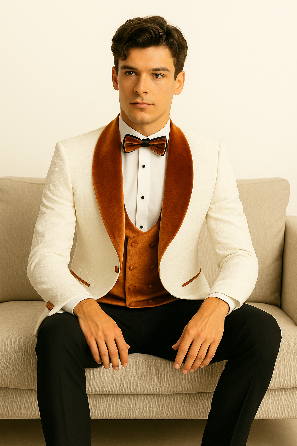 Burnt Orange Paisley Velvet 4pc Suit with Bowtie