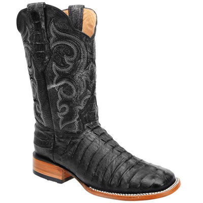 Caiman Tail Print Leather Square Toe Boots for Men
