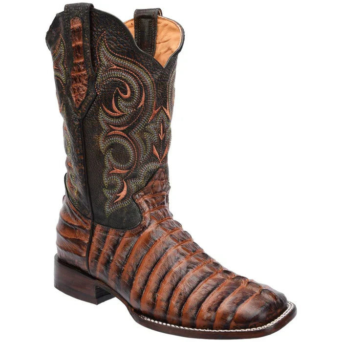 Men's Caiman Tail Print Leather Square Toe Boots