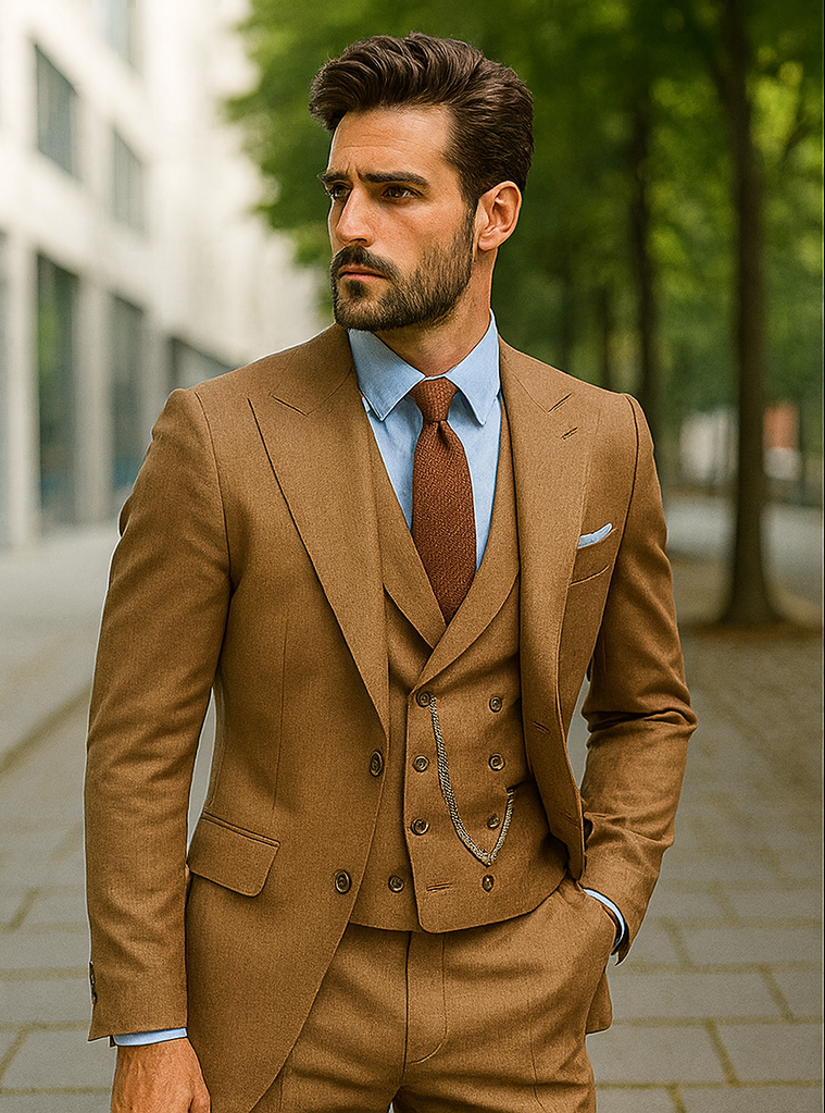Camel Brown 3-Piece Suit with Vest & Chain