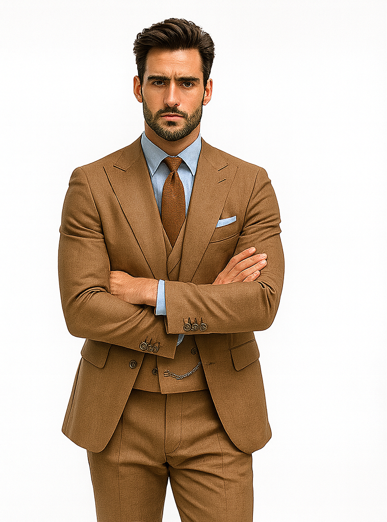 Camel Brown 3-Piece Suit with Vest & Chain
