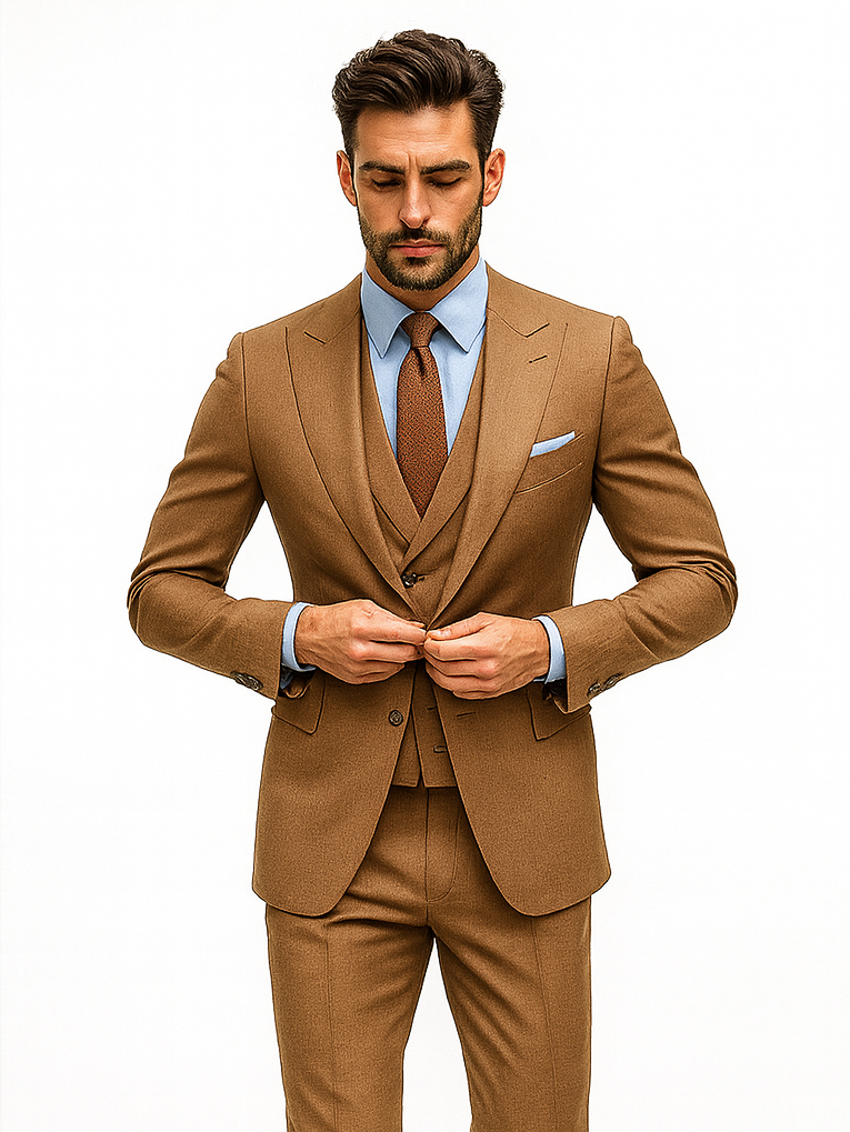 Camel Brown 3-Piece Suit with Vest & Chain