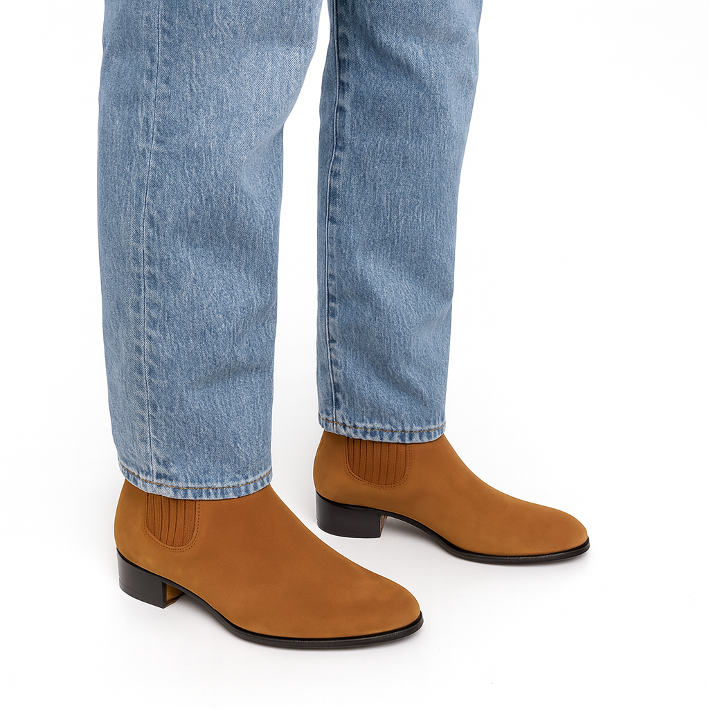 Men's Camel Genuine Suede Charro Leather Short Boots