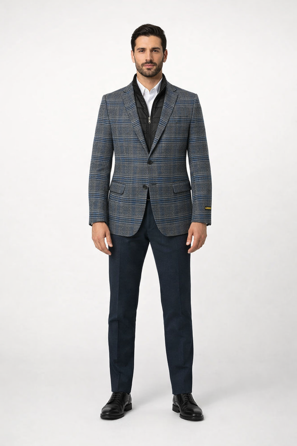 Mens Charcoal Grey and Blue Checkered Wool Blazer Glen Plaid Checkered Windowpane Pattern with Quilted Inner Layer Removable Vest
