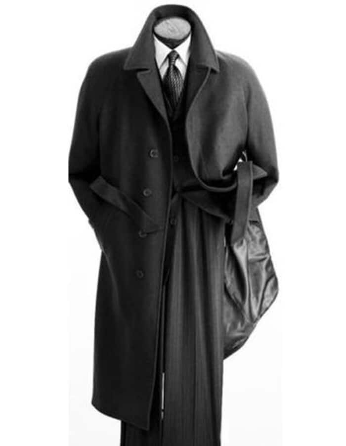 Men's Charcoal Grey Wool Long Overcoat with Belt