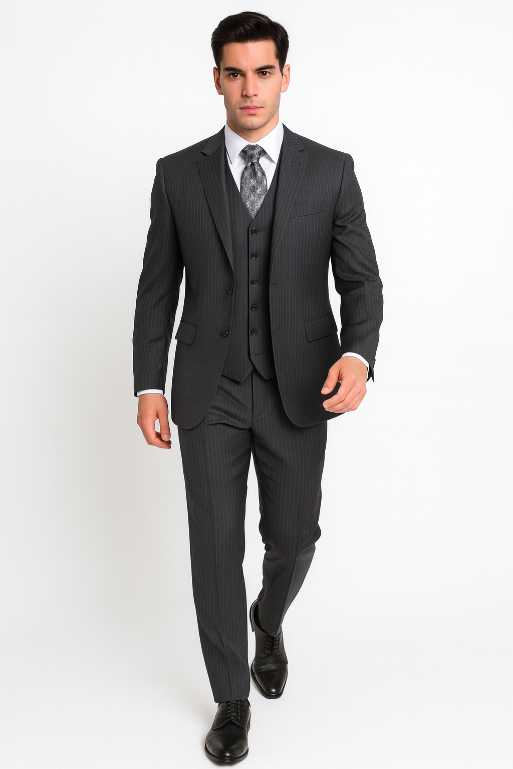 Men's Charcoal Pinstripe 3 Piece 2 Button Italian Designer Suit Flat Front No Pleated Pants - Three Piece Suit