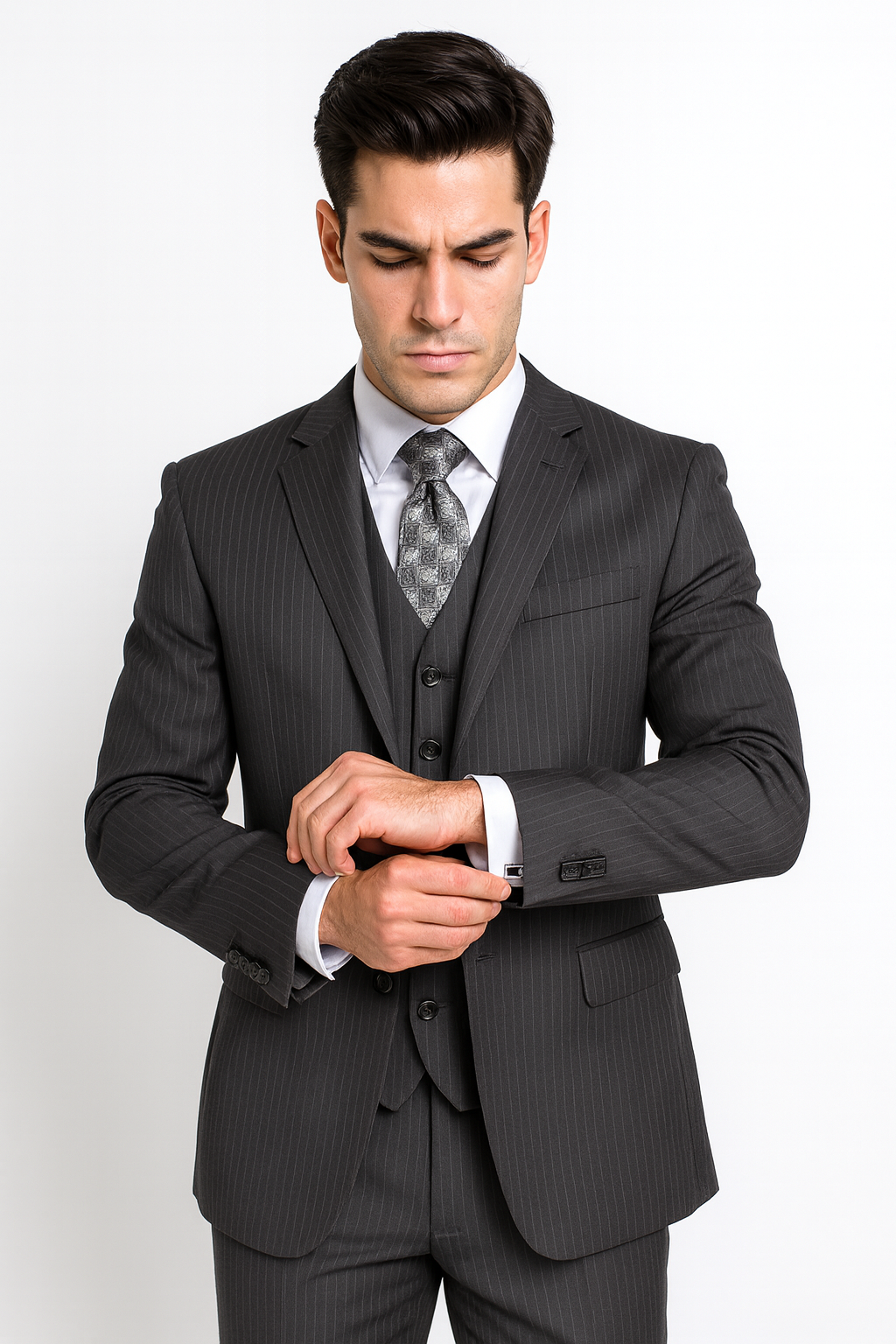 Men's Charcoal Pinstripe 3 Piece 2 Button Italian Designer Suit Flat Front No Pleated Pants - Three Piece Suit