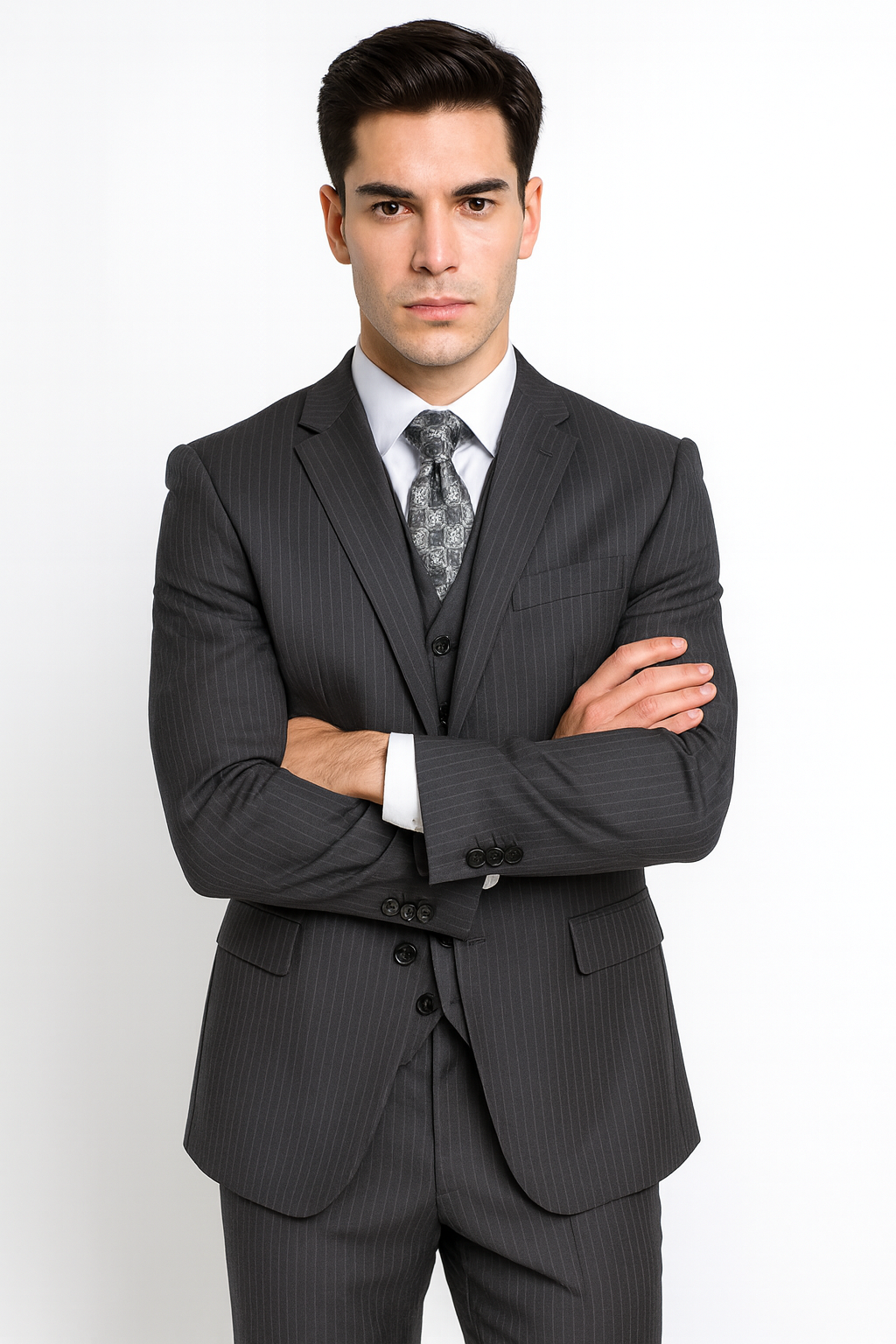 Men's Charcoal Pinstripe 3 Piece 2 Button Italian Designer Suit Flat Front No Pleated Pants - Three Piece Suit