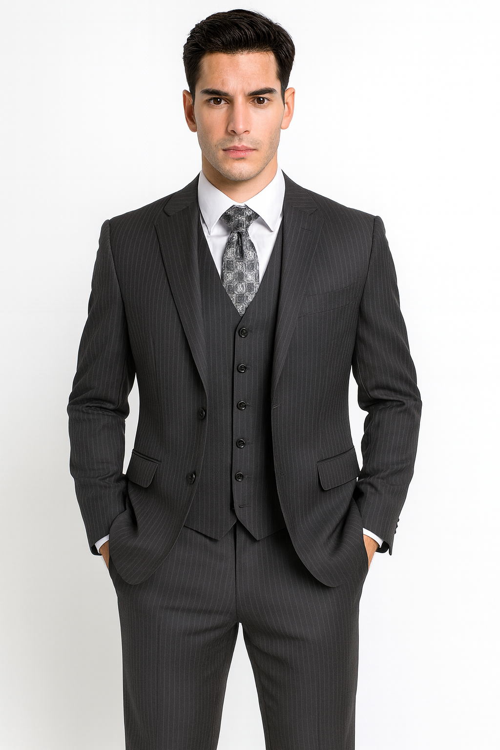 Men's Charcoal Pinstripe 3 Piece 2 Button Italian Designer Suit Flat Front No Pleated Pants - Three Piece Suit