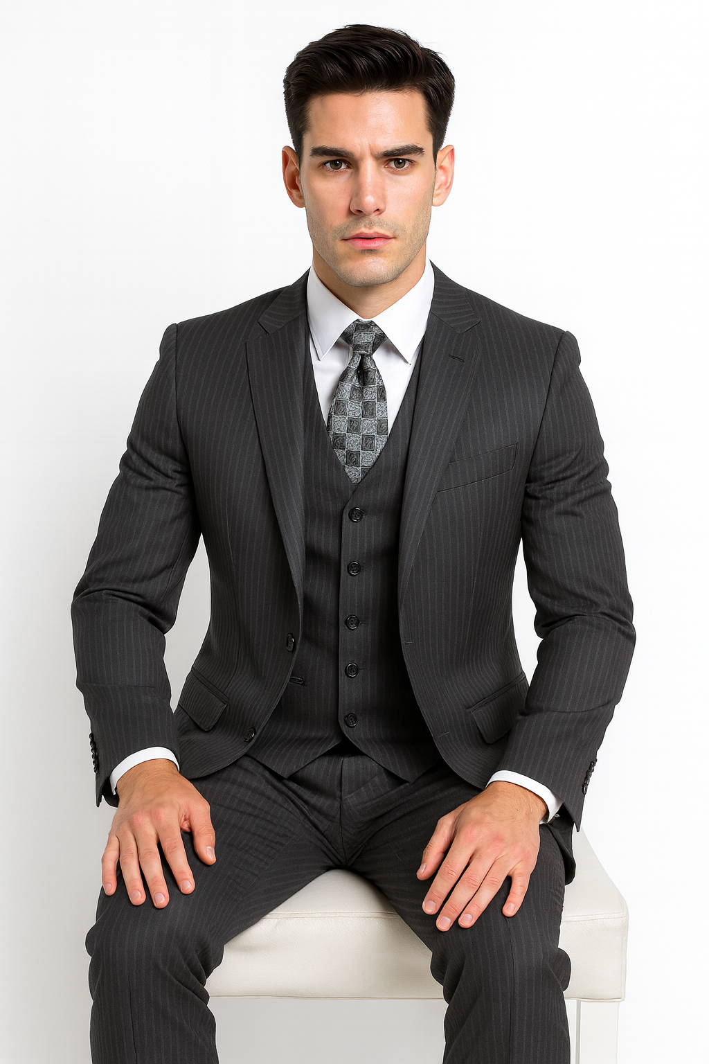 Men's Charcoal Pinstripe 3 Piece 2 Button Italian Designer Suit Flat Front No Pleated Pants - Three Piece Suit