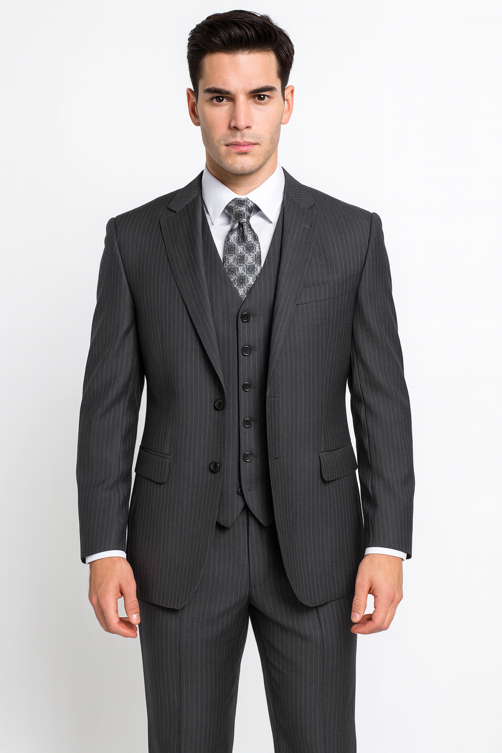 Men's Charcoal Pinstripe 3 Piece 2 Button Italian Designer Suit Flat Front No Pleated Pants - Three Piece Suit