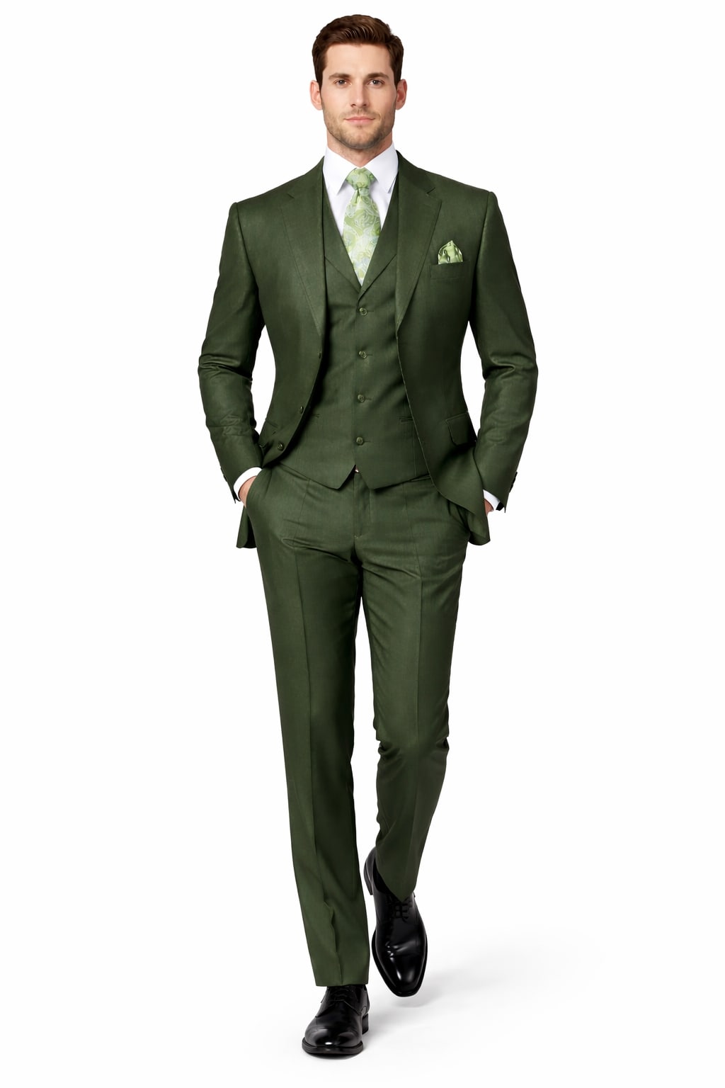 Men's Double Vents 3 Button Olive Green Cheap Priced Business Suits Clearance Sale