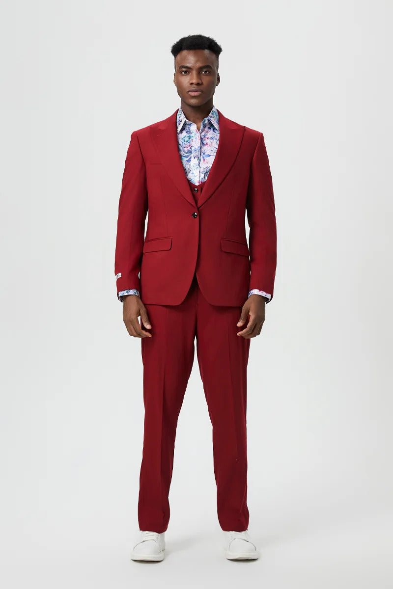 Men's Vested One Button Peak Lapel Stacy Adams Designer Suit in Cherry Red
