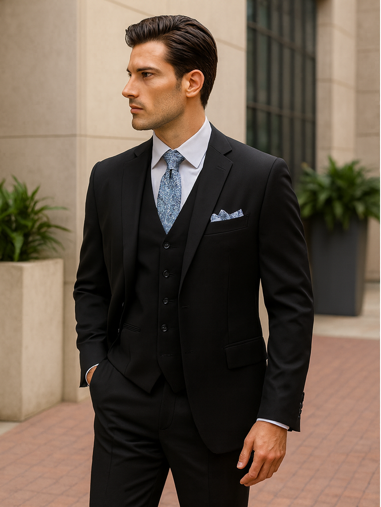 Classic 3-Button Vested Suit - Black