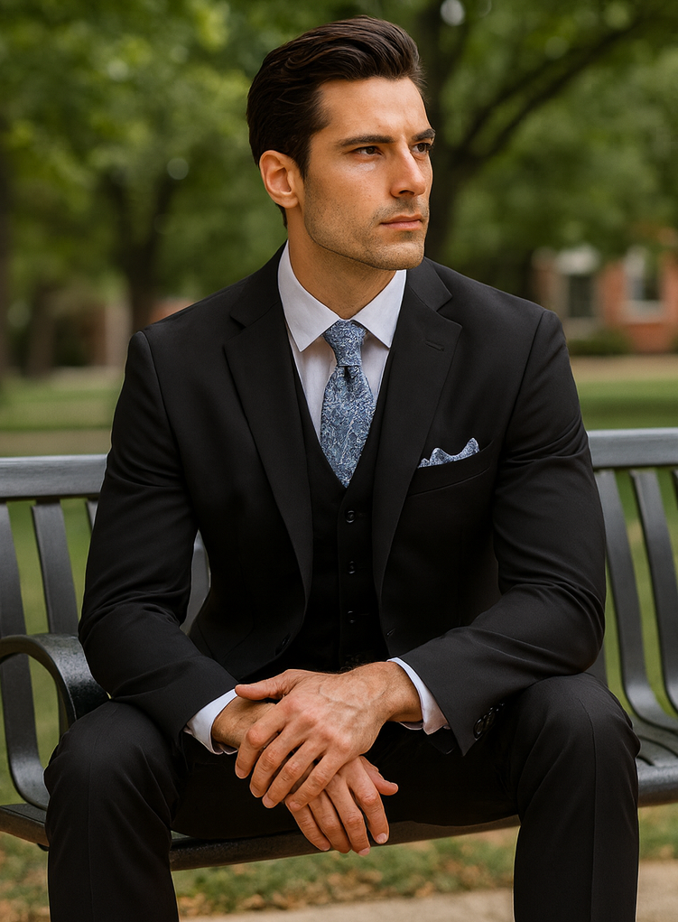 Classic 3-Button Vested Suit - Black