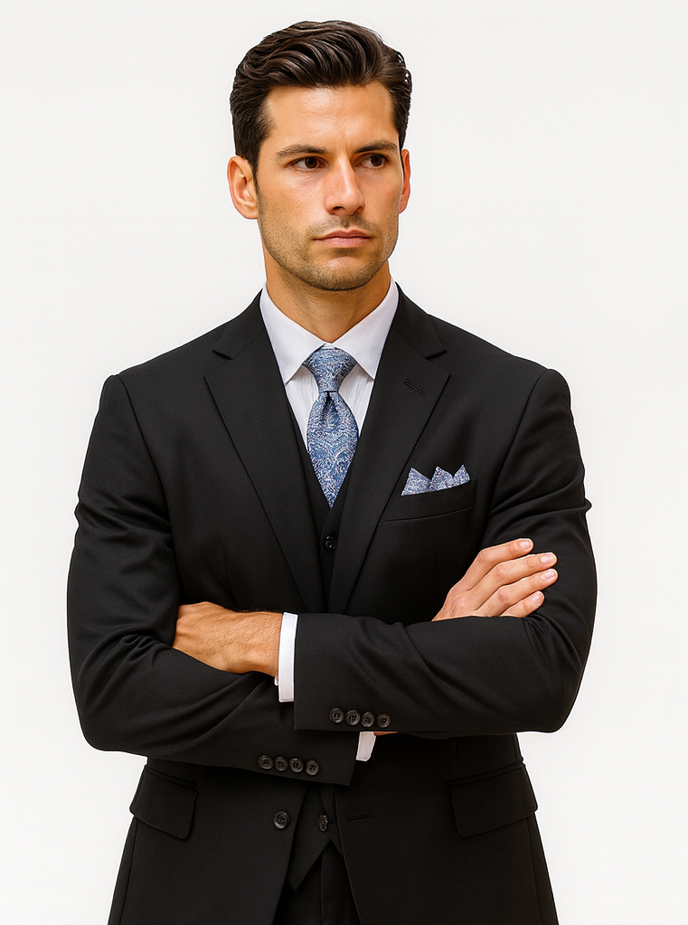 Classic 3-Button Vested Suit - Black