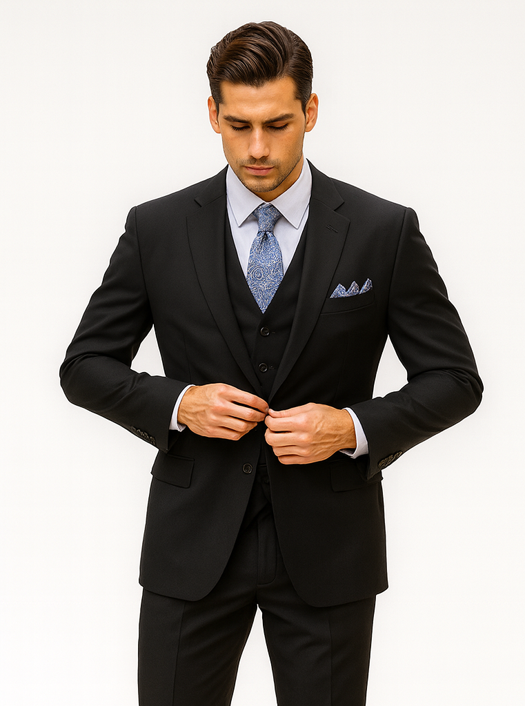 Classic 3-Button Vested Suit - Black