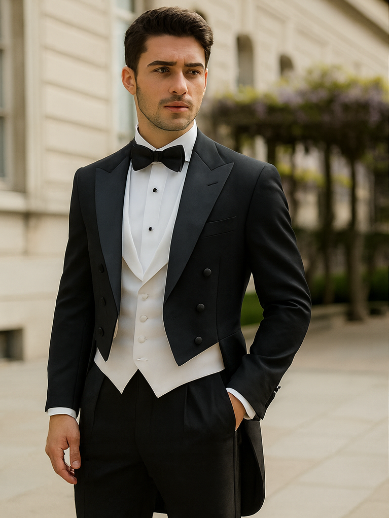 Men's Classic Black Tail Tuxedo & White Vest