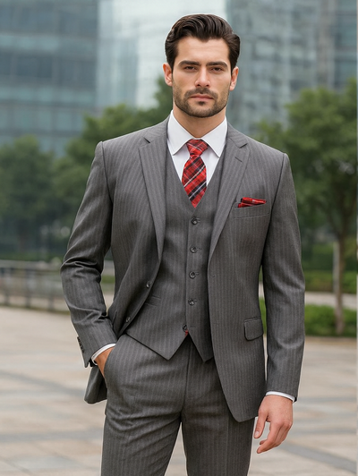Medium Grey Men's Classic Vested Pinstripe Suit