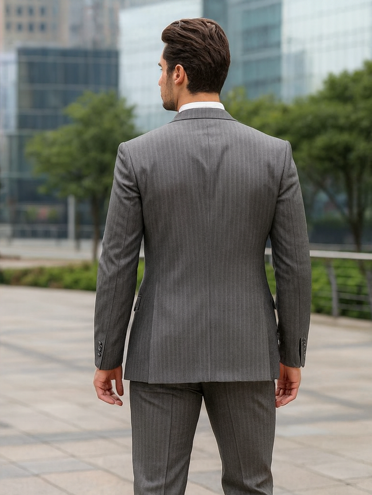 Medium Grey Men's Classic Vested Pinstripe Suit
