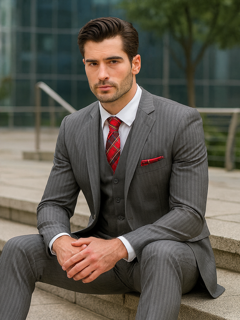 Medium Grey Men's Classic Vested Pinstripe Suit