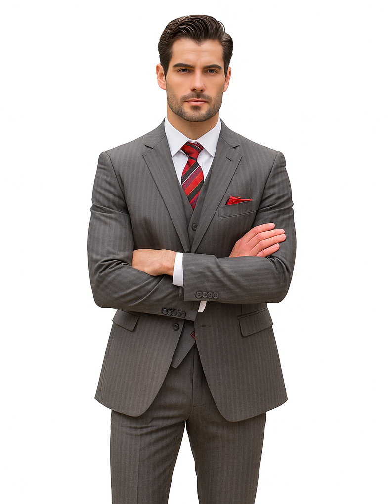Medium Grey Men's Classic Vested Pinstripe Suit