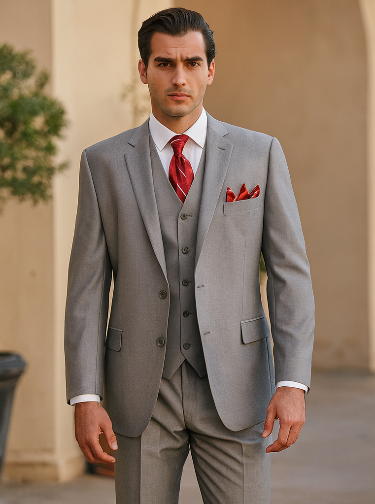 Grey Sharkskin Classic Vested Suit for Men