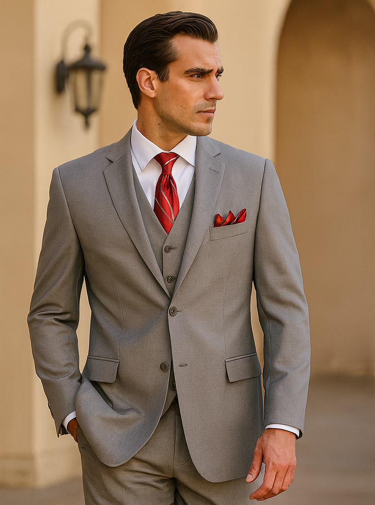 Grey Sharkskin Classic Vested Suit for Men