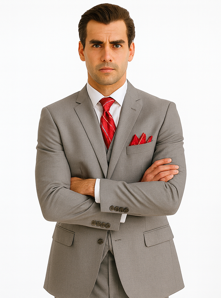 Grey Sharkskin Classic Vested Suit for Men