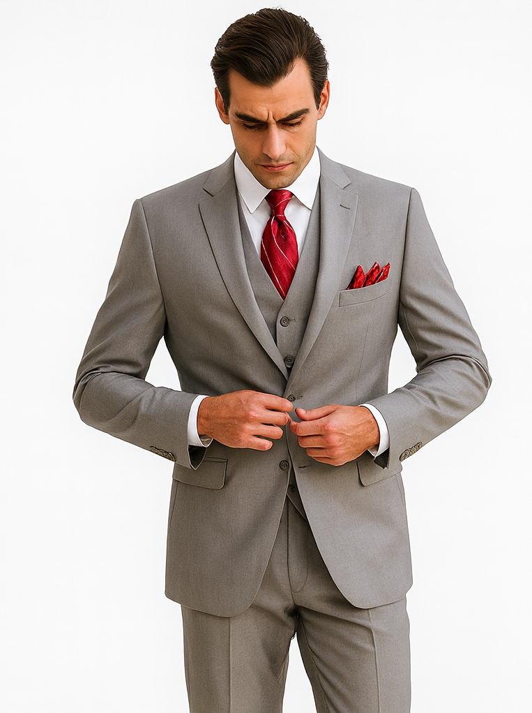 Grey Sharkskin Classic Vested Suit for Men