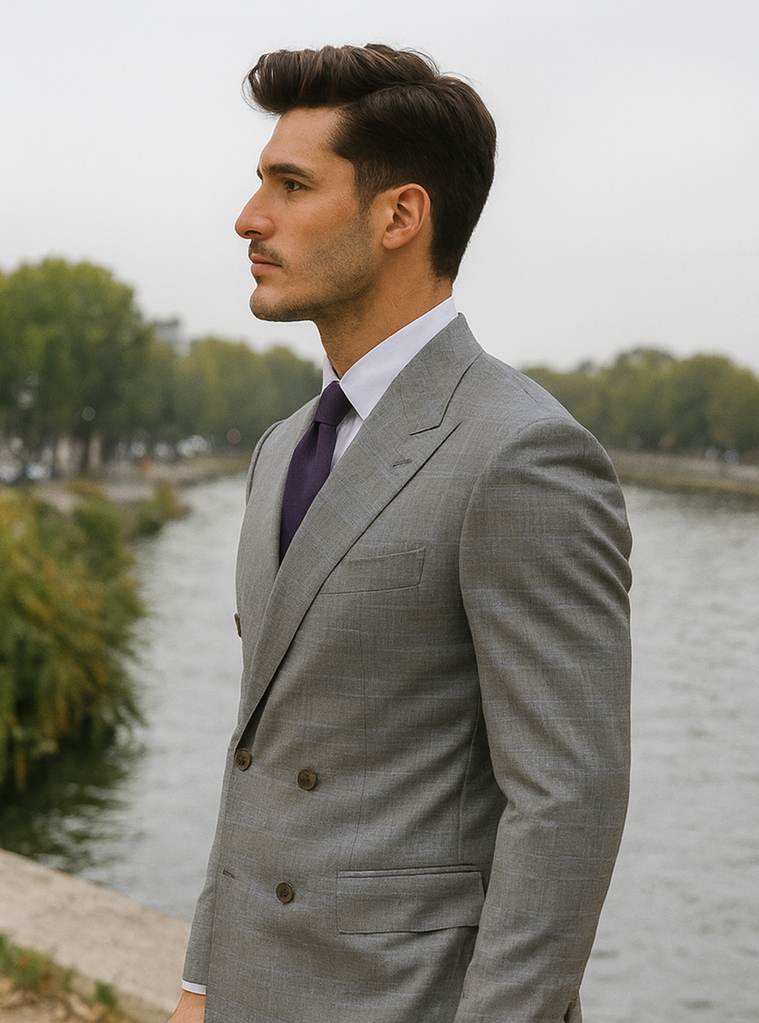 Double Breasted Glen Plaid Suit, Grey