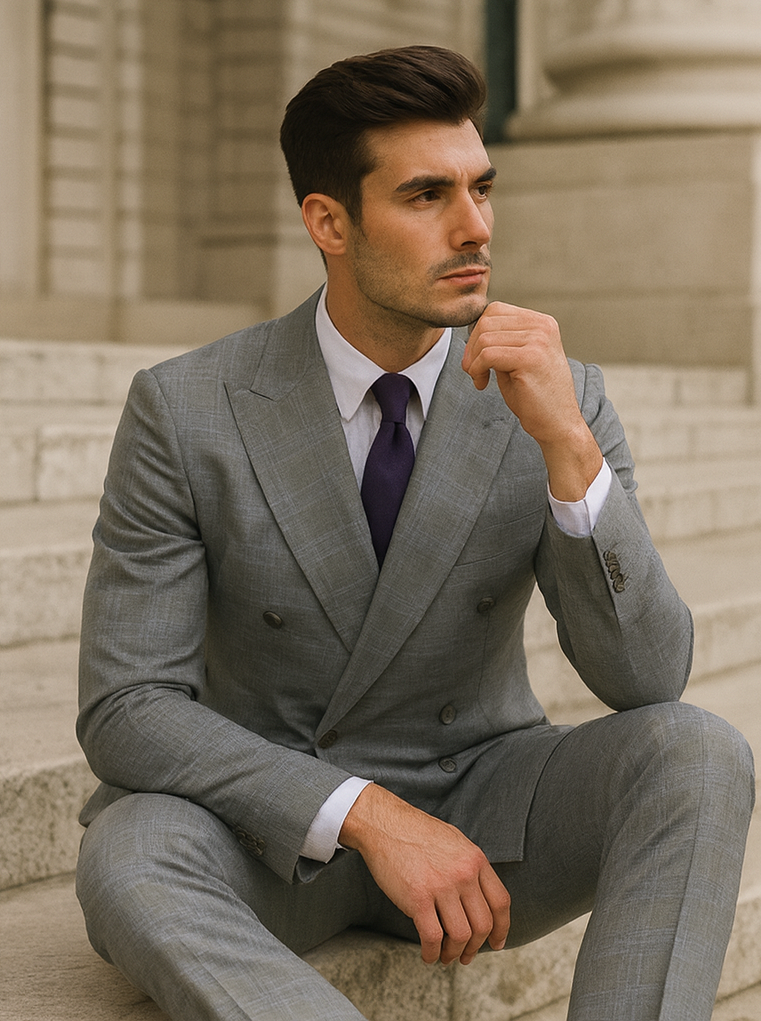 Double Breasted Glen Plaid Suit, Grey