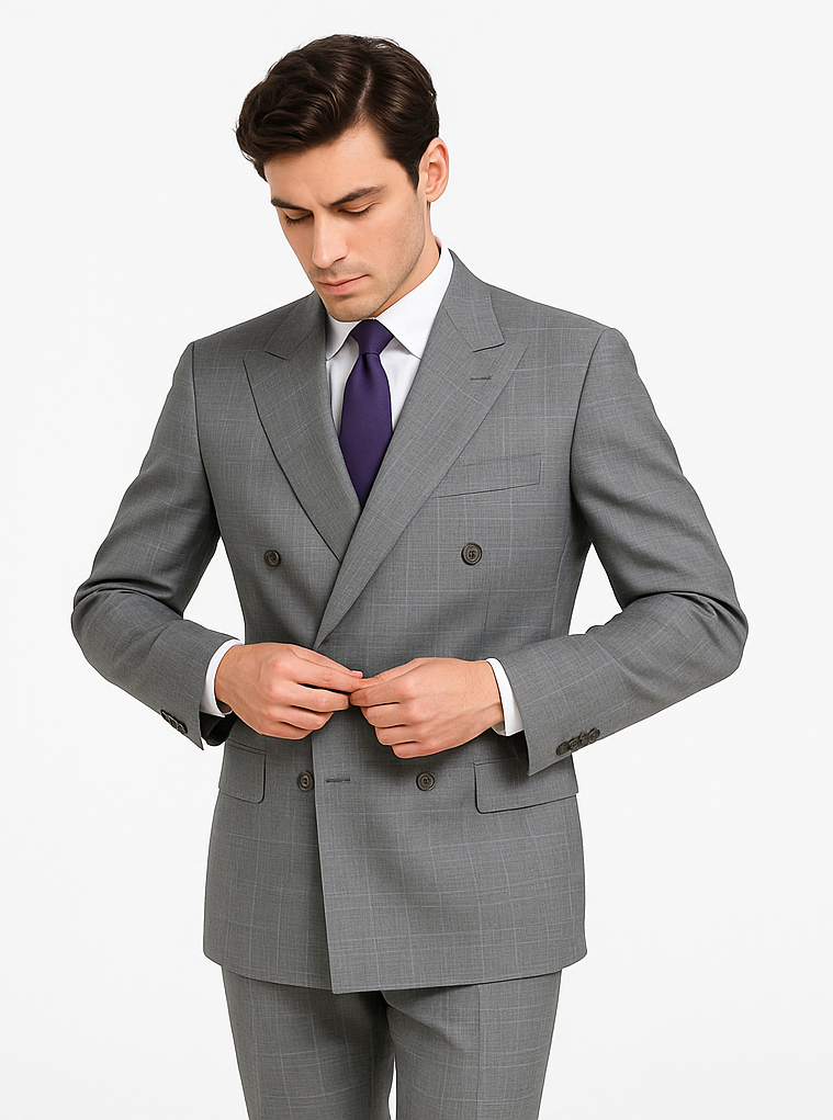 Double Breasted Glen Plaid Suit, Grey
