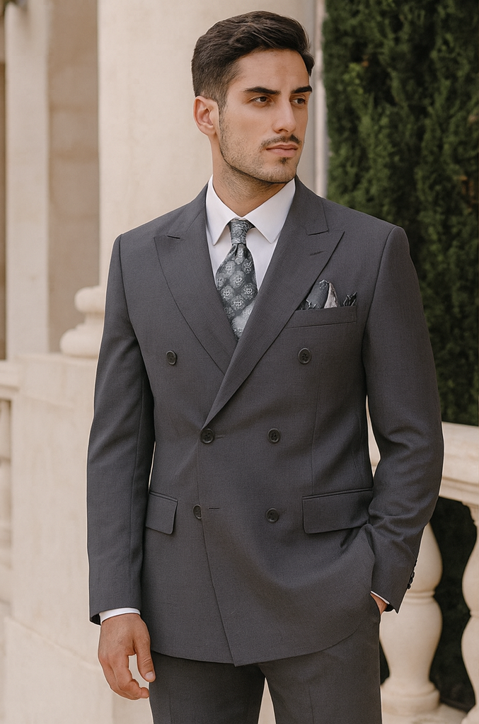 Mens Heather Grey Double Breasted Wool Feel Suit