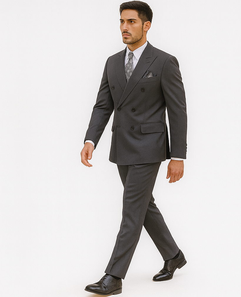 Mens Heather Grey Double Breasted Wool Feel Suit