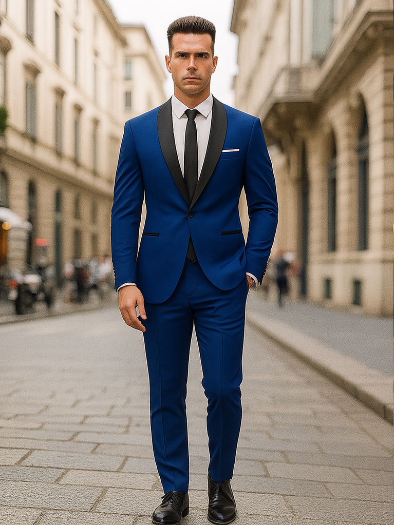 Men's Cobalt Blue ~ Indigo ~ Bright Blue ~ Teal ( Light Dark Navy ) With Black Lapel Shawl lapel 1 Single Button Tuxedo Suit