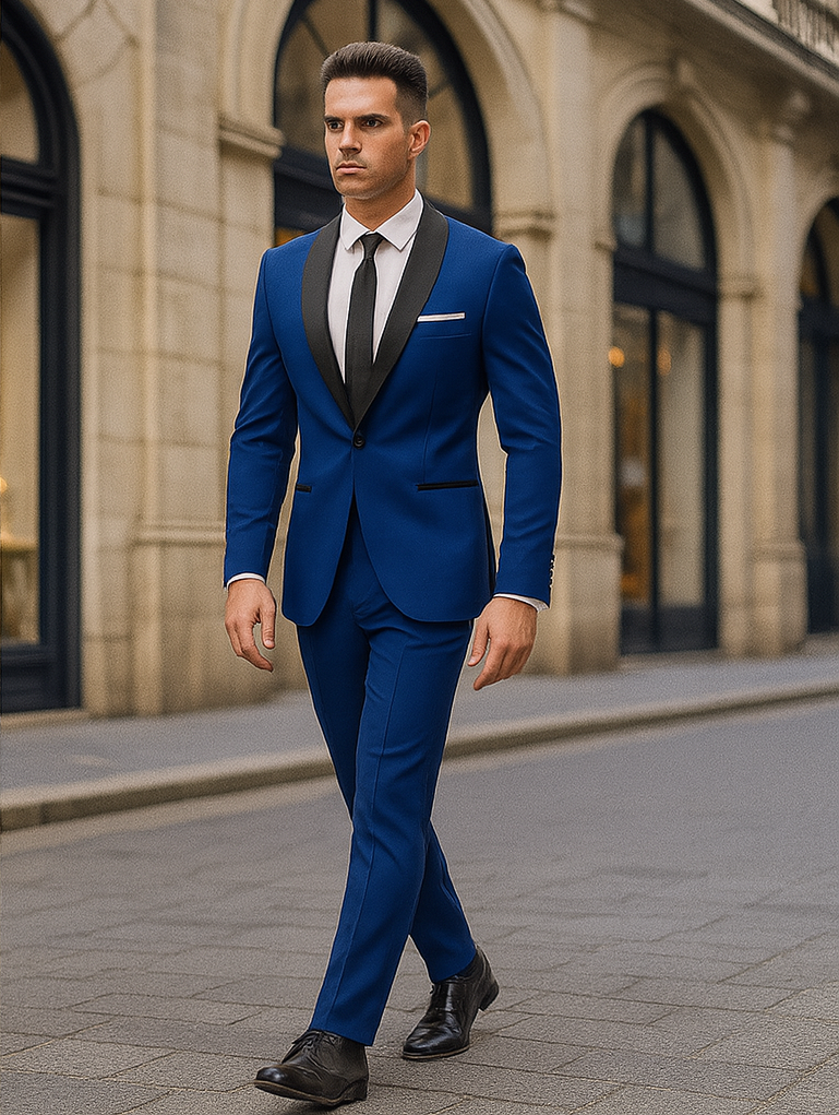 Men's Cobalt Blue ~ Indigo ~ Bright Blue ~ Teal ( Light Dark Navy ) With Black Lapel Shawl lapel 1 Single Button Tuxedo Suit