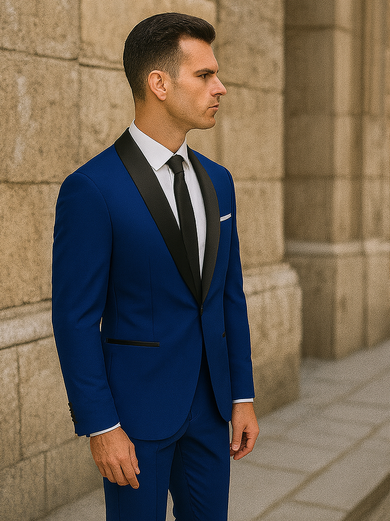 Men's Cobalt Blue ~ Indigo ~ Bright Blue ~ Teal ( Light Dark Navy ) With Black Lapel Shawl lapel 1 Single Button Tuxedo Suit