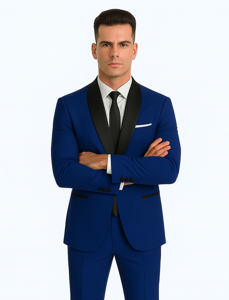 Men's Cobalt Blue ~ Indigo ~ Bright Blue ~ Teal ( Light Dark Navy ) With Black Lapel Shawl lapel 1 Single Button Tuxedo Suit