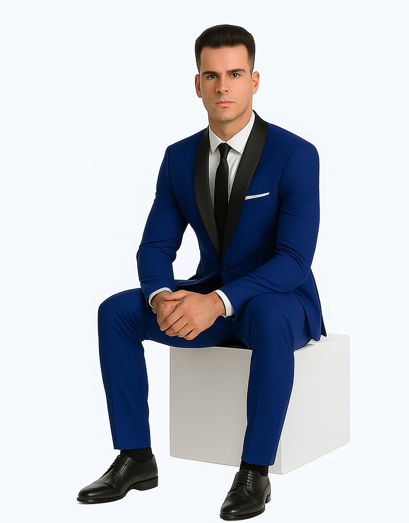 Men's Cobalt Blue ~ Indigo ~ Bright Blue ~ Teal ( Light Dark Navy ) With Black Lapel Shawl lapel 1 Single Button Tuxedo Suit