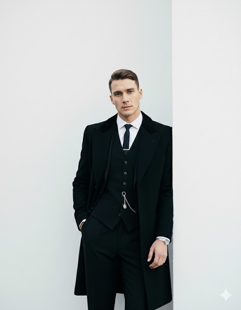 Mens Costume Thomas Shelby Black Vested Suit & Black Overcoat