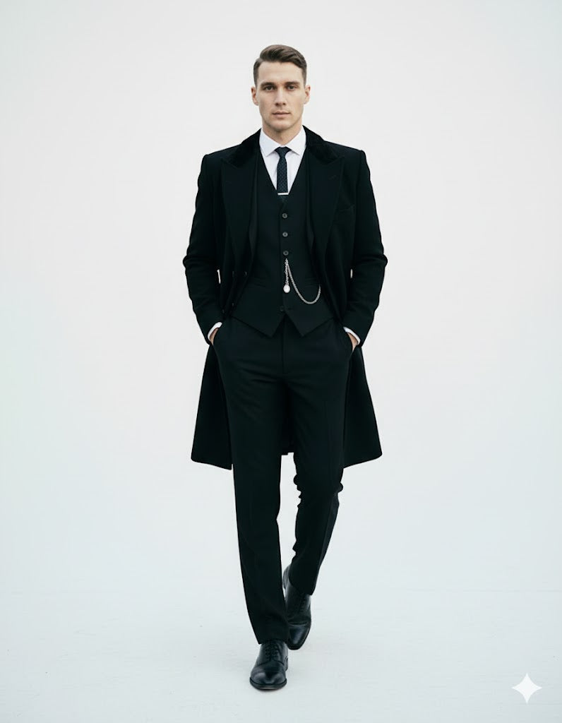 Mens Costume Thomas Shelby Black Vested Suit & Black Overcoat