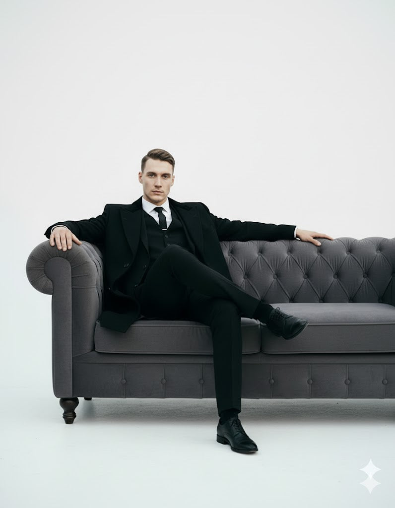 Mens Costume Thomas Shelby Black Vested Suit & Black Overcoat