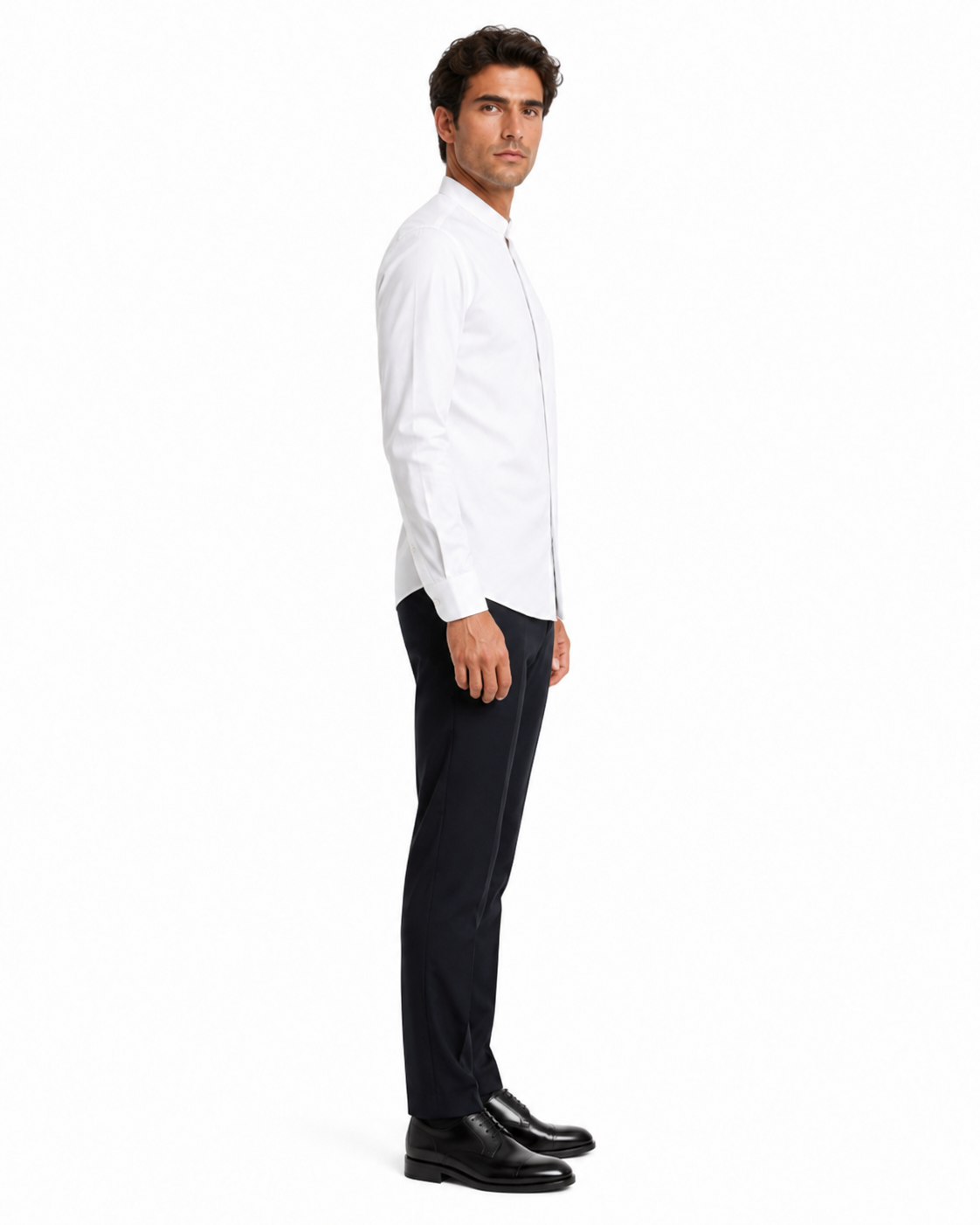 Cotton French Front Mandarin Shirt - White