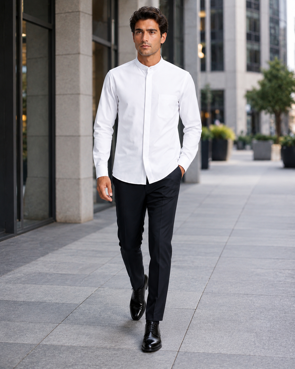 Cotton French Front Mandarin Shirt - White
