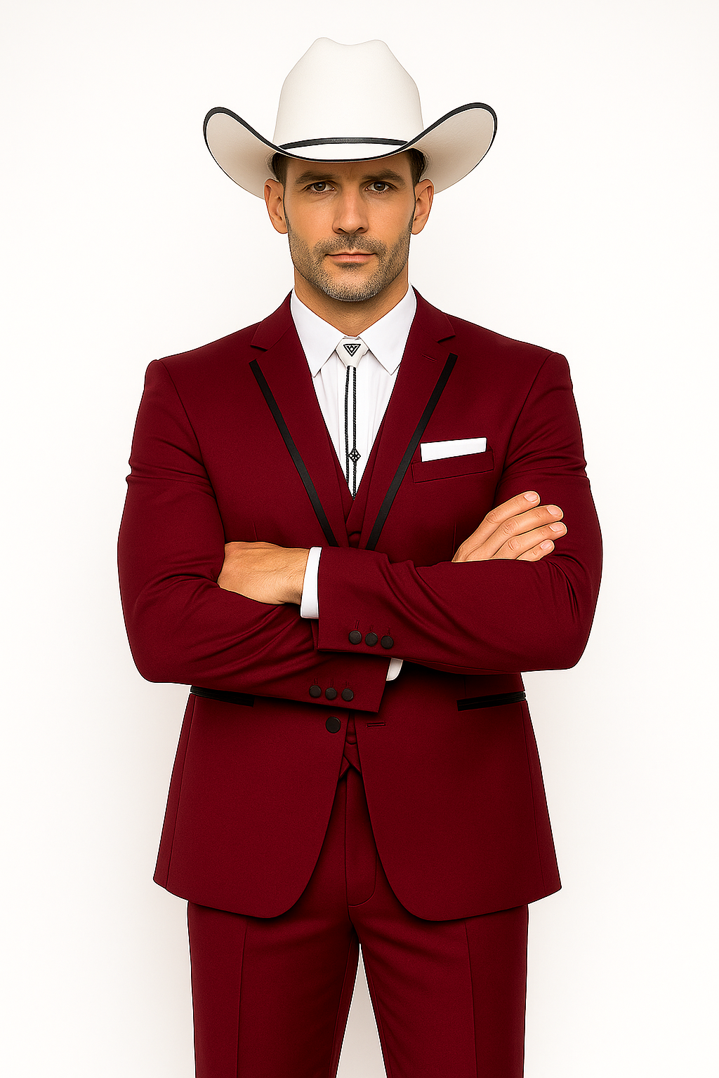 SKU#JA60892 Country Tuxedos For Weddings Mens Western Traje Vaquero Suit - Burgundy Tuxedo