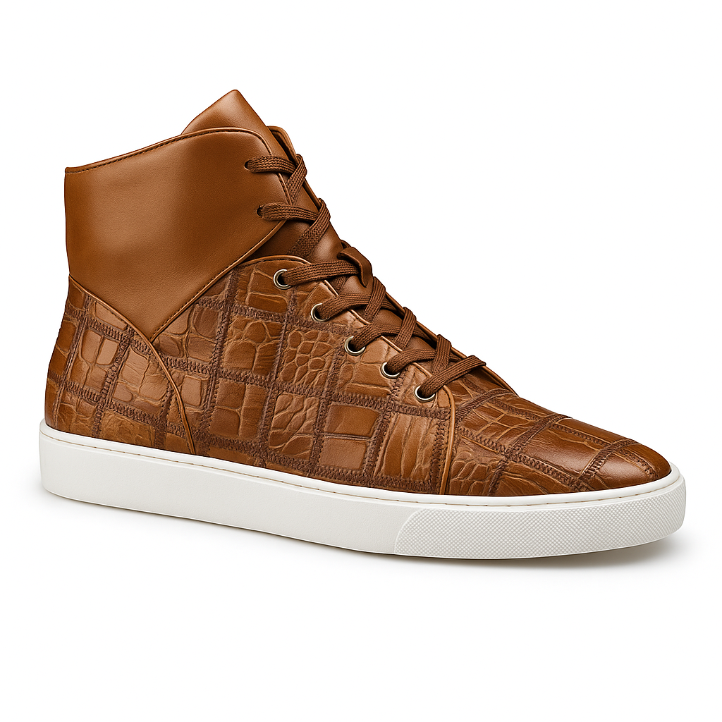 Mens Belvedere Vero Crocodile Patchwork Hightop Sneaker in Honey