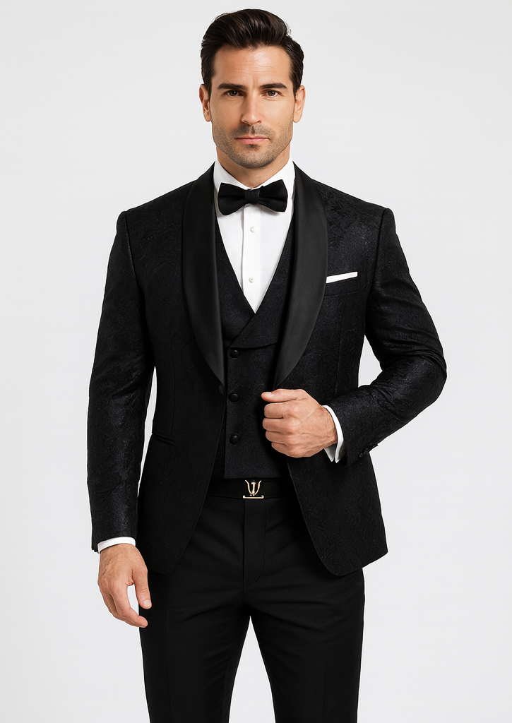 Men's Designer Vested Floral Lace Wedding Tuxedo in Black