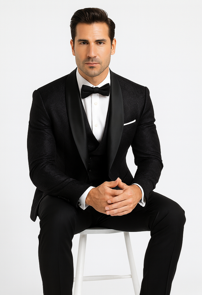 Men's Designer Vested Floral Lace Wedding Tuxedo in Black