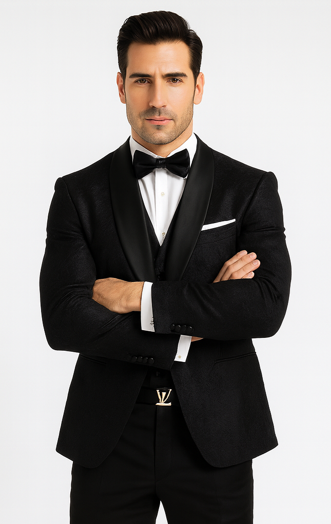Men's Designer Vested Floral Lace Wedding Tuxedo in Black